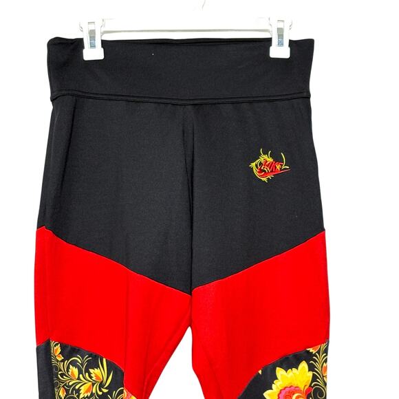 Womens Nike Essential Floral Printed Leggings SZ L Black Red Gold - Picture 2 of 8